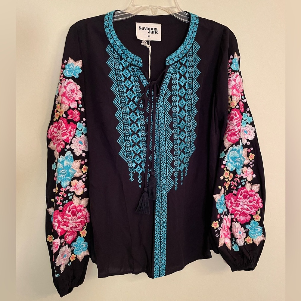 Savanna Jana Black Floral Embroidered Long  Sleeve Blouse Top Size Medium NWT